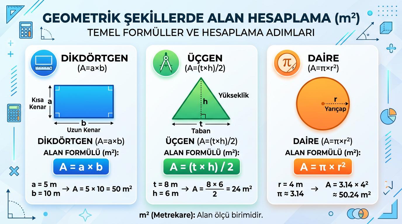 Alan hesaplama dikdörtgen üçgen daire grafik Türkçe