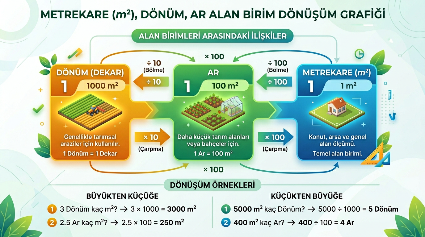 Metrekare alan birim dönüşüm grafik Türkçe