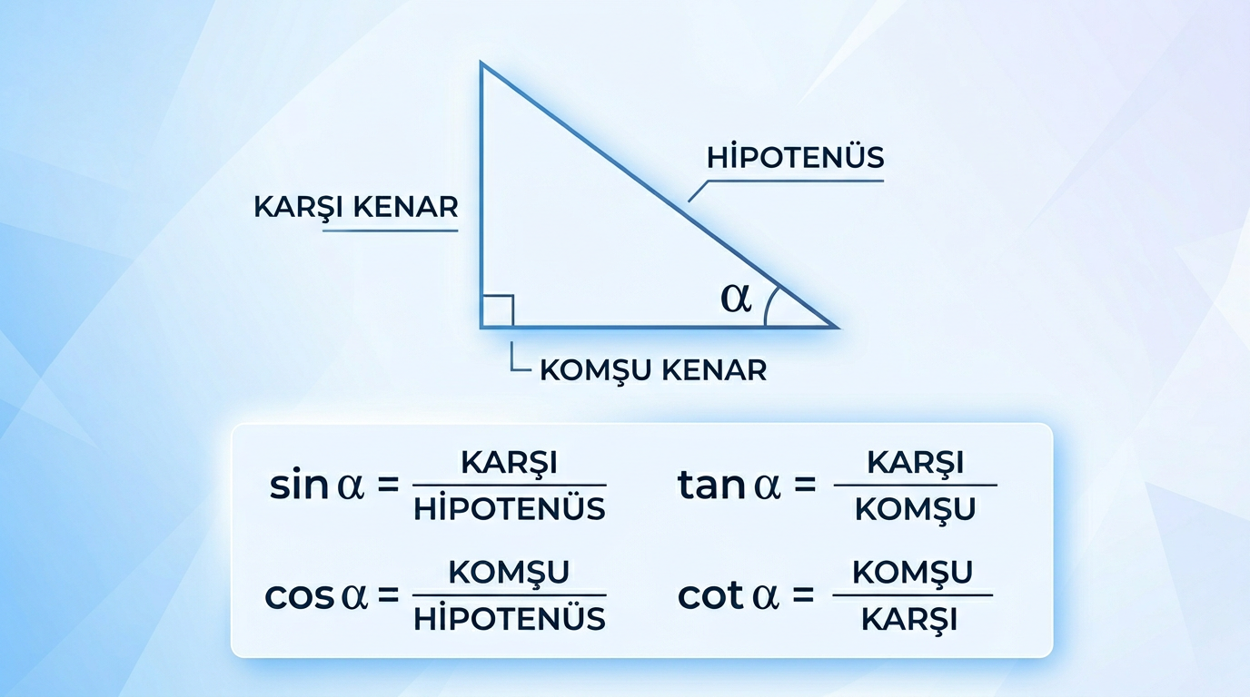 Trigonometri hesaplama: dik üçgende sin cos tan cot formülleri, karşı komşu hipotenüs